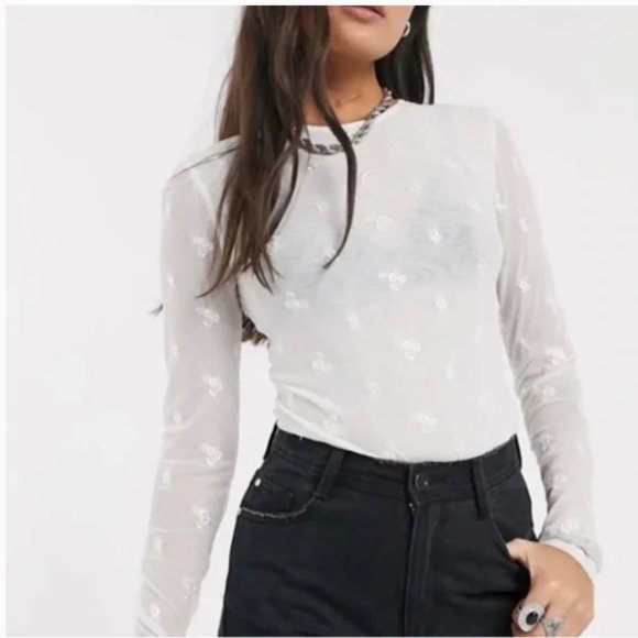 NWT Free People Floral Mesh Embroidered Bodysuit - Picture 1 of 9